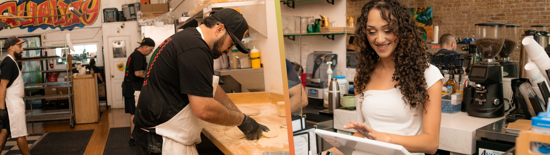 man making pizza and woman at cash register
