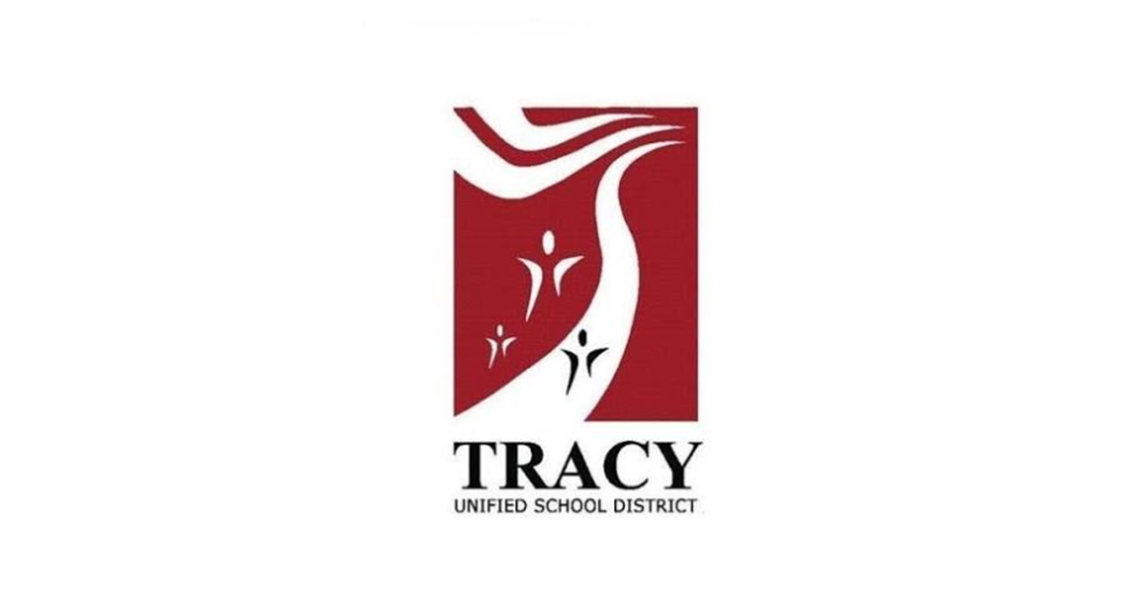Tracy Unified School District logo featuring a red pathway with three stylized figures beneath the district name.