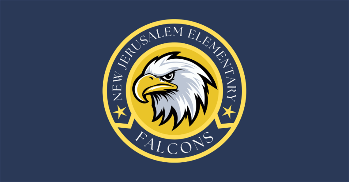 New Jerusalem Elementary Falcons logo featuring a bald eagle inside a navy and gold circular emblem.